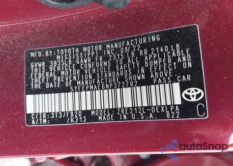 2022 Toyota Corolla Le из США, поврежденный, VIN 5YFEPMAE6NP372782